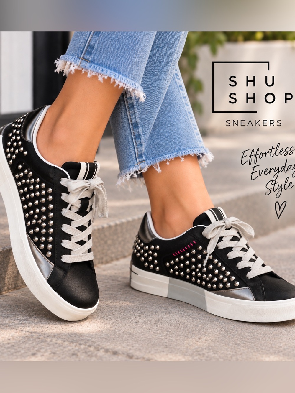 Shu Shop Studded Black Silver Low Top Sneakers Pink accent Women’s Size 8 NIB
